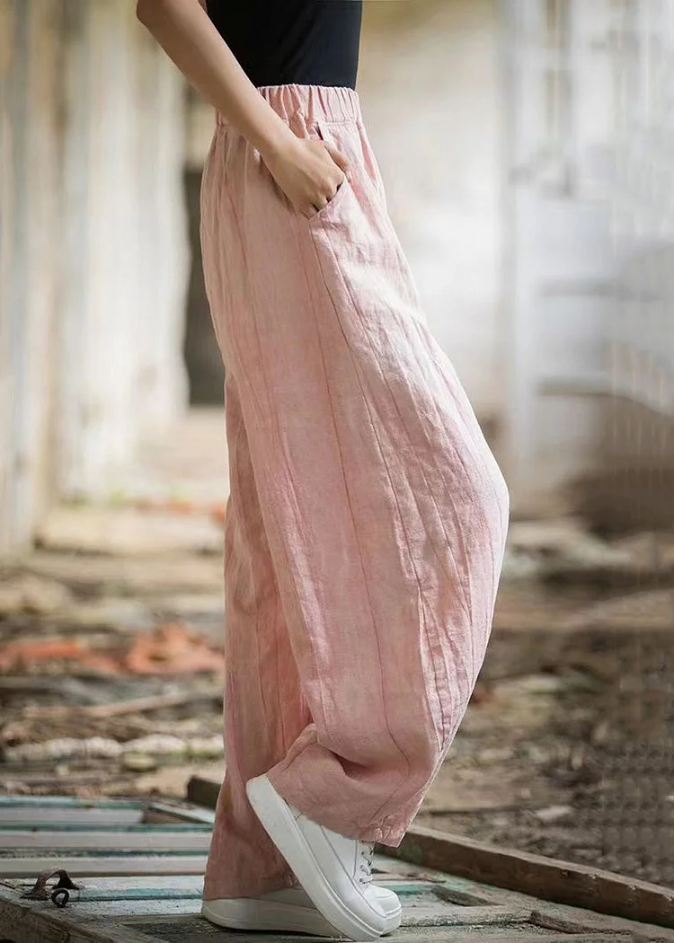 Pink High Waist Linen Wide Leg Pants Pockets