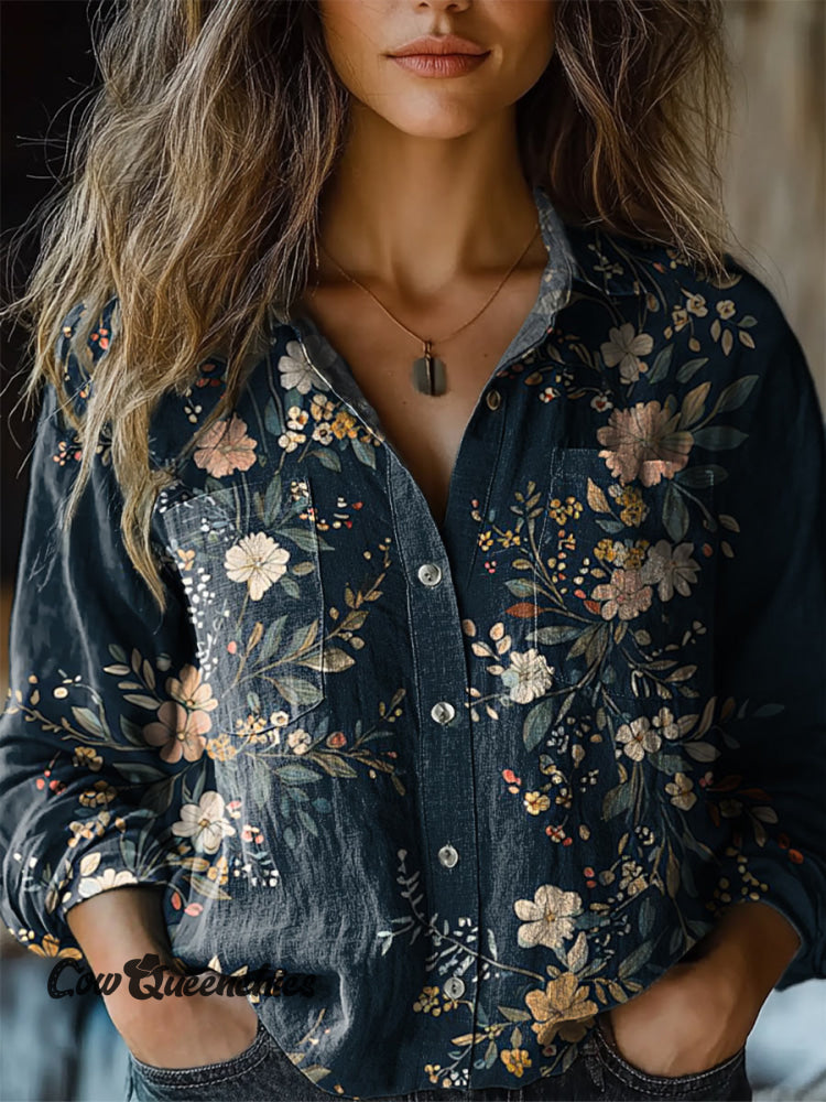 Women&rsquo;s Simple Floral Art Print Casual Shirt Blue / S