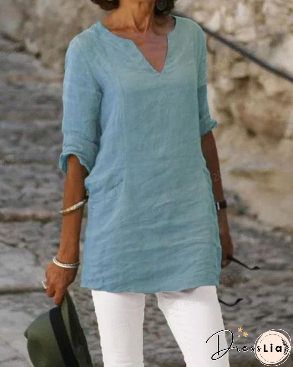 Women V Neck Plain Color Casual Linen Tops
