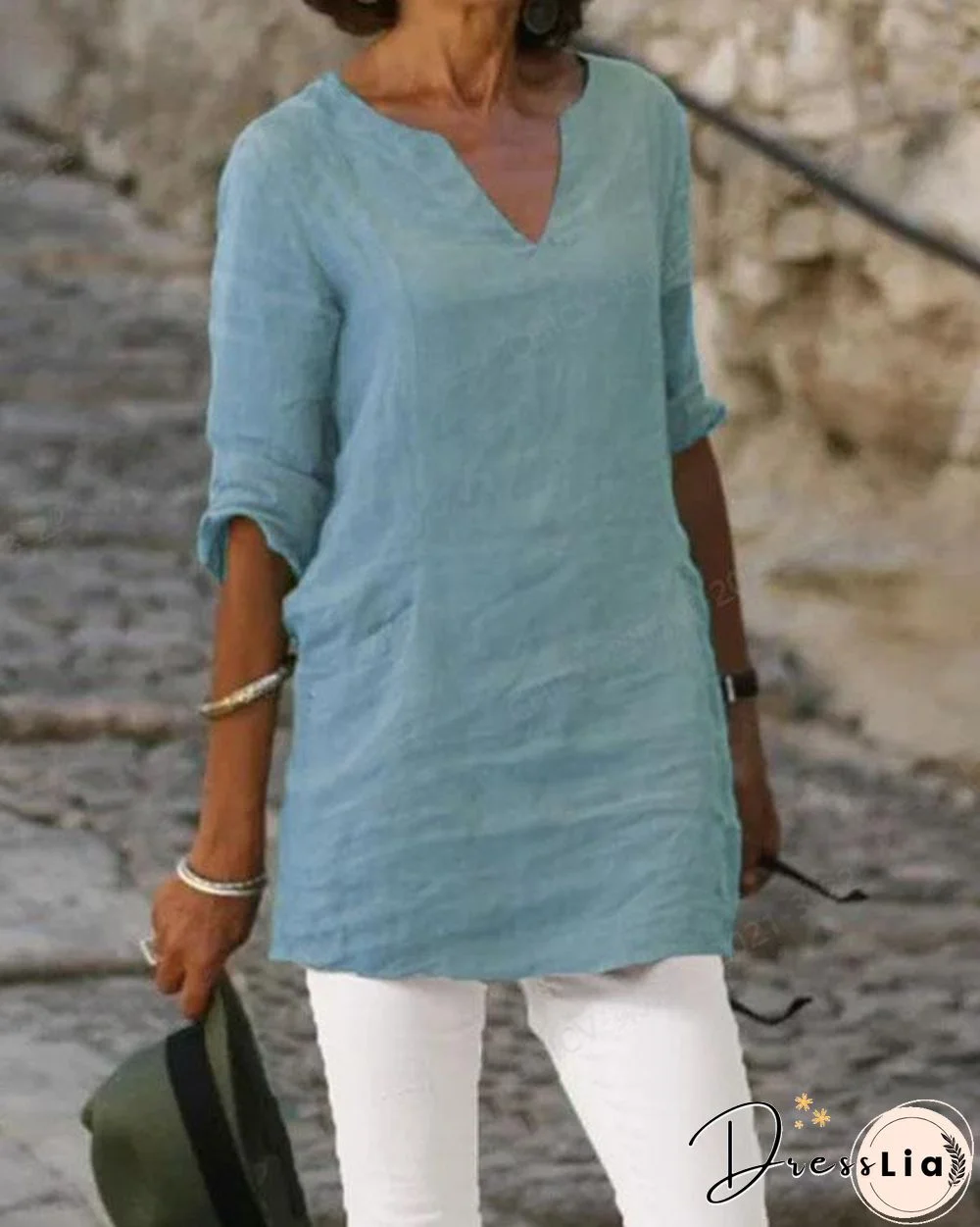 Women V Neck Plain Color Casual Linen Tops