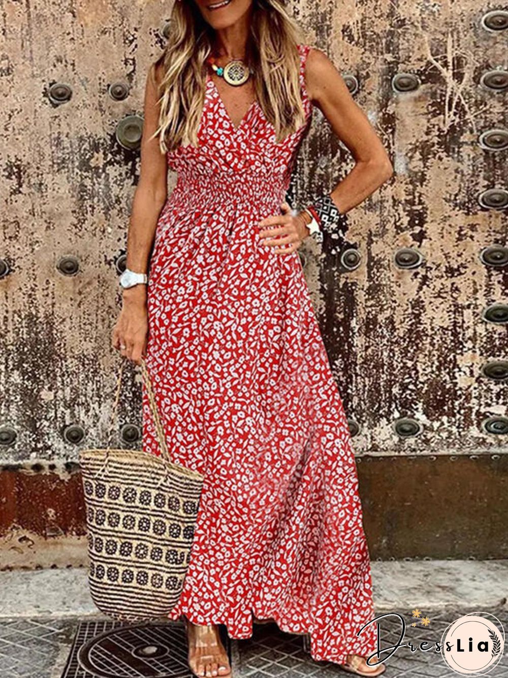 Floral Boho V Neck Vacation A-Line Dresses
