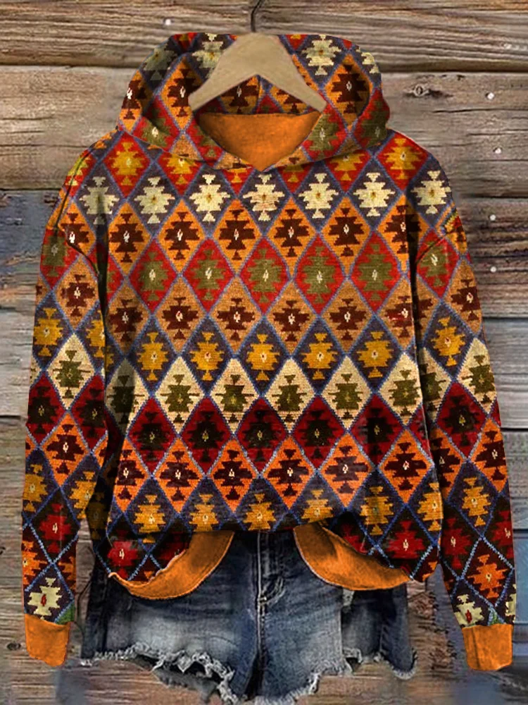 Vintage Ethnic Geometric Pattern Cozy Hoodie 1