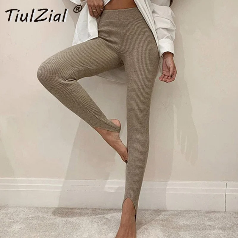 Ribbed Knitt Skinny Stretch Leggings Women Autumn Winter Fashion Elastic High Waist Leggings Outfit Stirrup Leggings