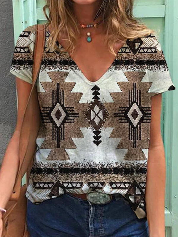 Women Short Sleeve V-neck Printed Graphic Top T-shirts