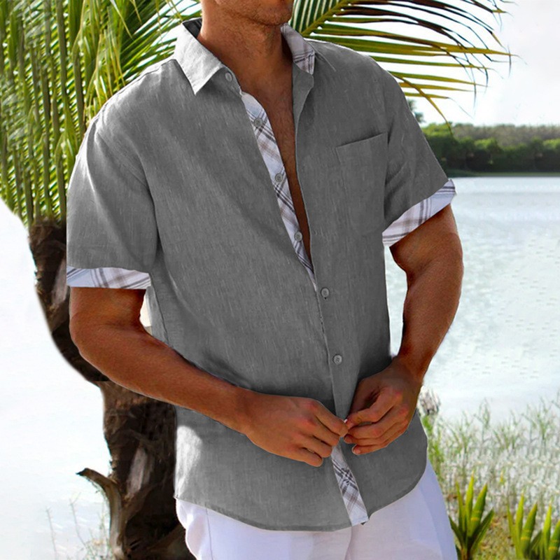 Mature Men Vacation Short Sleeve Shirts With Plaid Side Summer Hawaii Beach Top