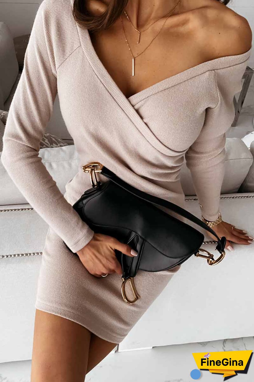 V-Neck Sexy Mocha Slim Fit Mini Dress