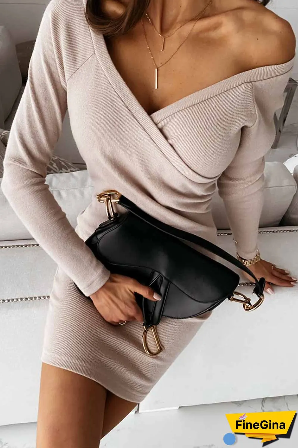 V-Neck Sexy Mocha Slim Fit Mini Dress