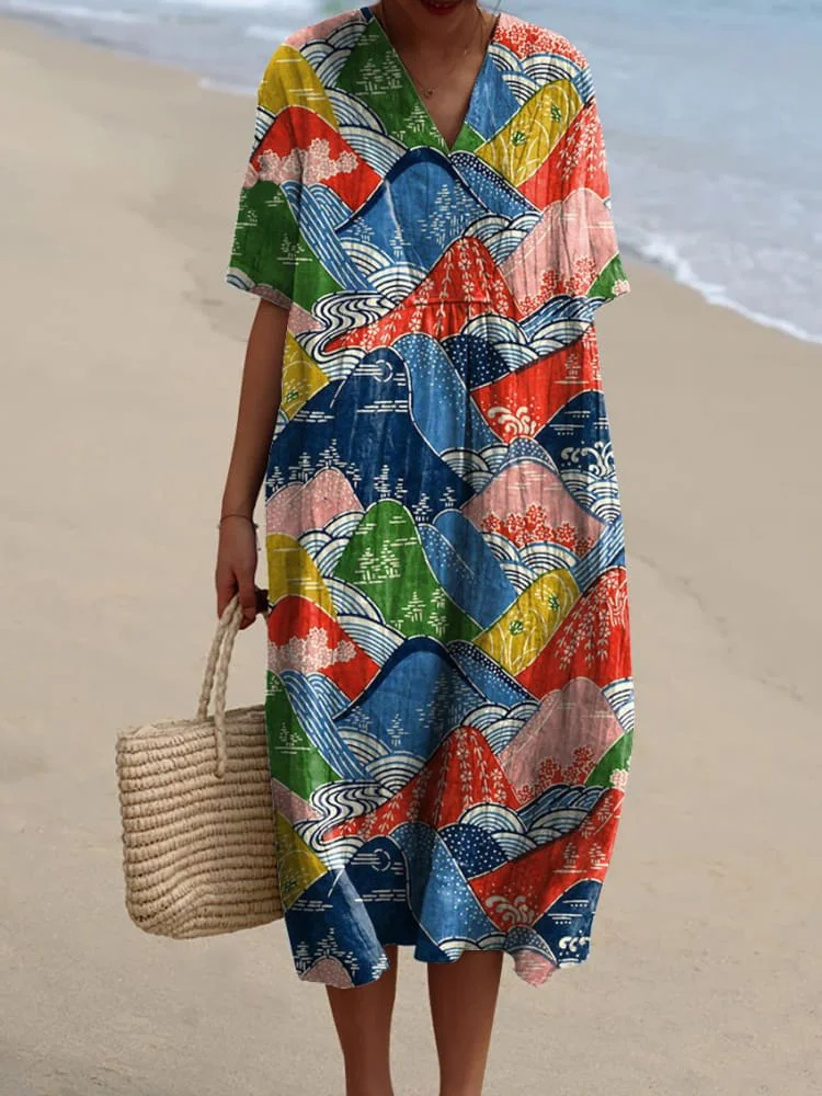 Japanese Mountain Landscape Print Women's Flowy Dress
