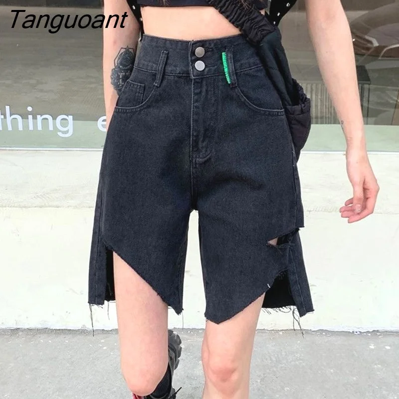 Tanguoant Women High Waist Jeans Holes Slim Casual Vintage Streetwear High Waist Hip-hop Dark Academia Goth Harajuku Hot Girls New