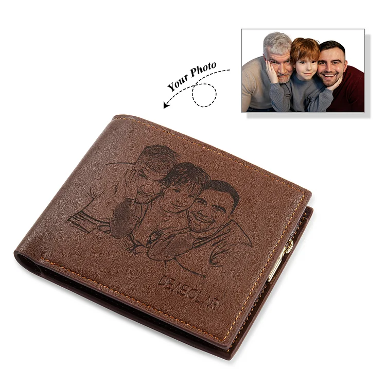 Brown Personalized Leather Wallet Engraved Photo Short Purse Gifts For Men