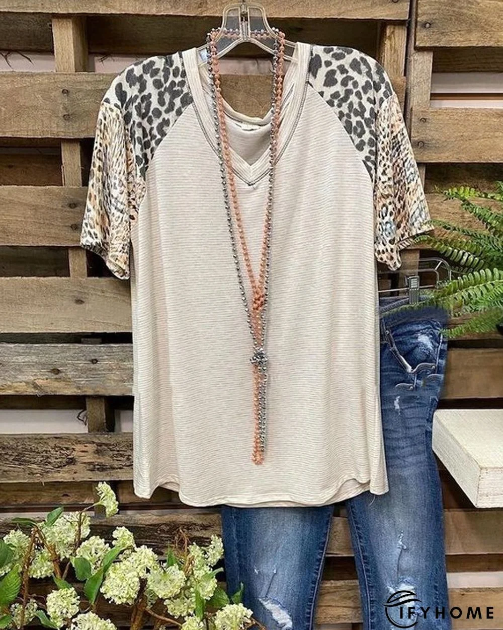 Leopard Short Sleeve  Printed  Cotton-blend  V neck  Casual  Summer  Light Khaki Top | IFYHOME