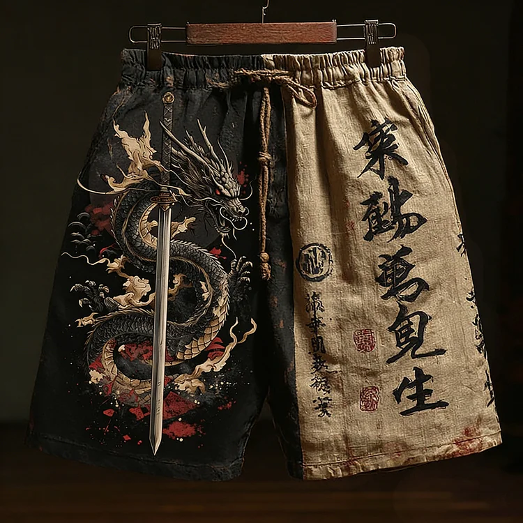 Japanese Calligraphy And Dragon Art Pattern Linen Blend Shorts