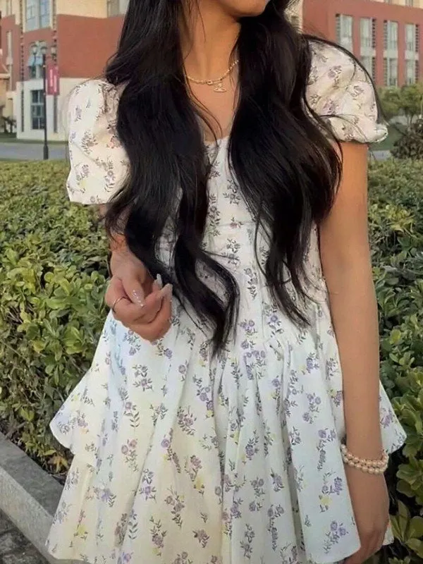 Brownm Floral Print Corset Slim Mini Dress with Puff Sleeves