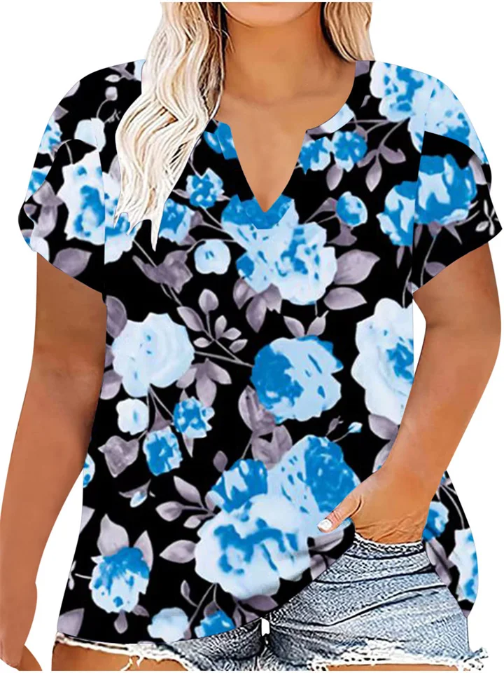 New V-neck Large Size Comfortable Casual Women's Hot Short-sleeved T-shirt Plant Floral Print Loose Type Tops Female | 168DEAL