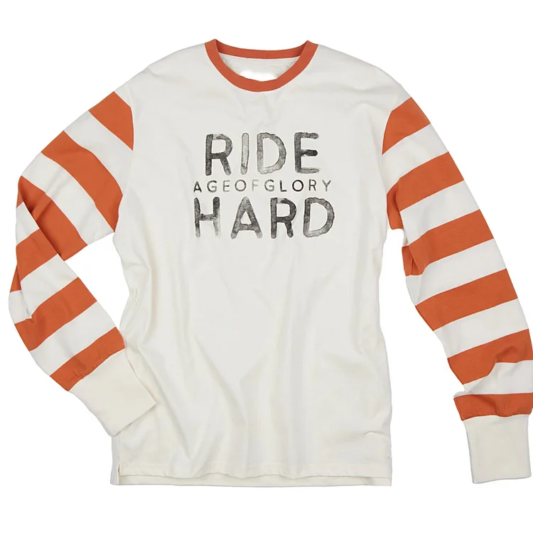 Vintage Motorcycle Ride Hard Letter Print Patchwork Striped Long-Sleeved T-Shirt