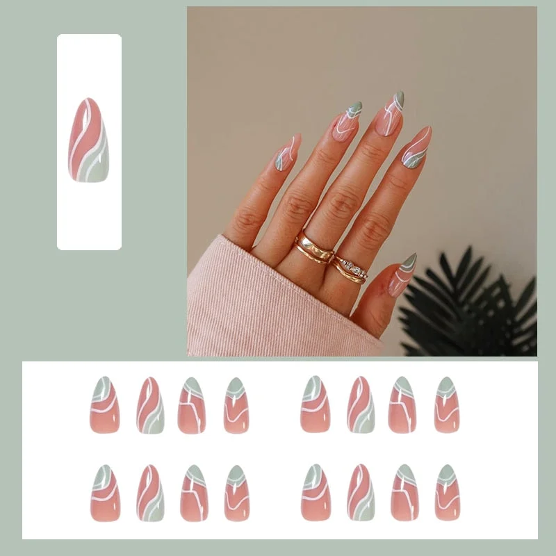24pcs false nails matte Green Nails Patch with glue Removable Long Paragraph Fashion Manicure press on Nail tips free shipping-Nail Inspo