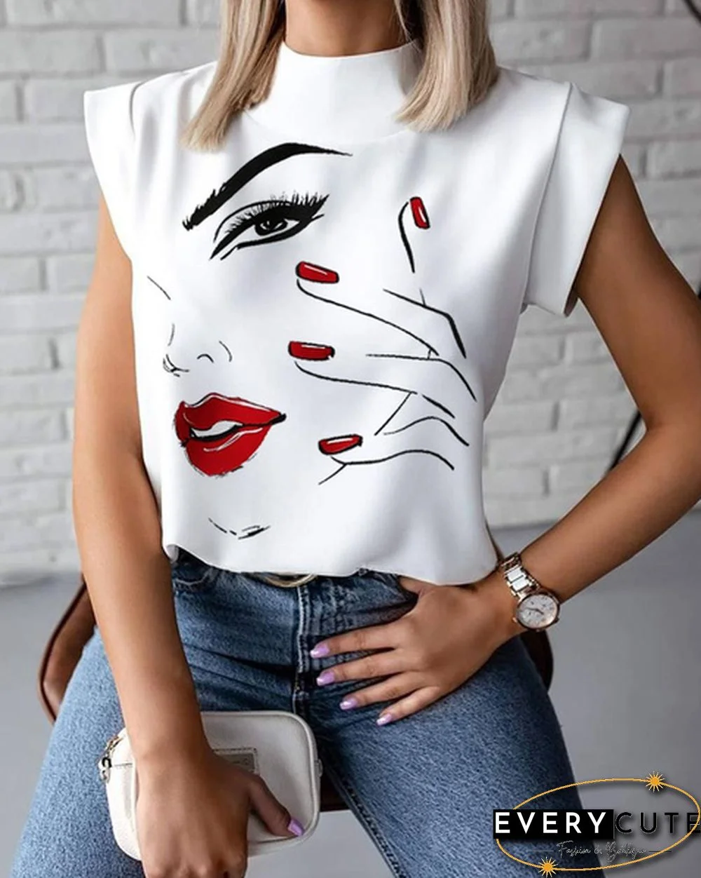 S-2XL New Fashion Women Elegant Lips Print Tops and Blouse Shirts Summer Ladies Office Casual Stand Neck Pullovers Eye Blusa Tops