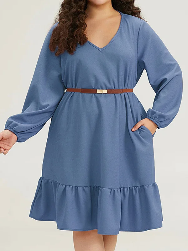 Elasticity Pockets Ruffled Solid Color Split-Joint Long Sleeves Loose V-Neck Midi Dresses