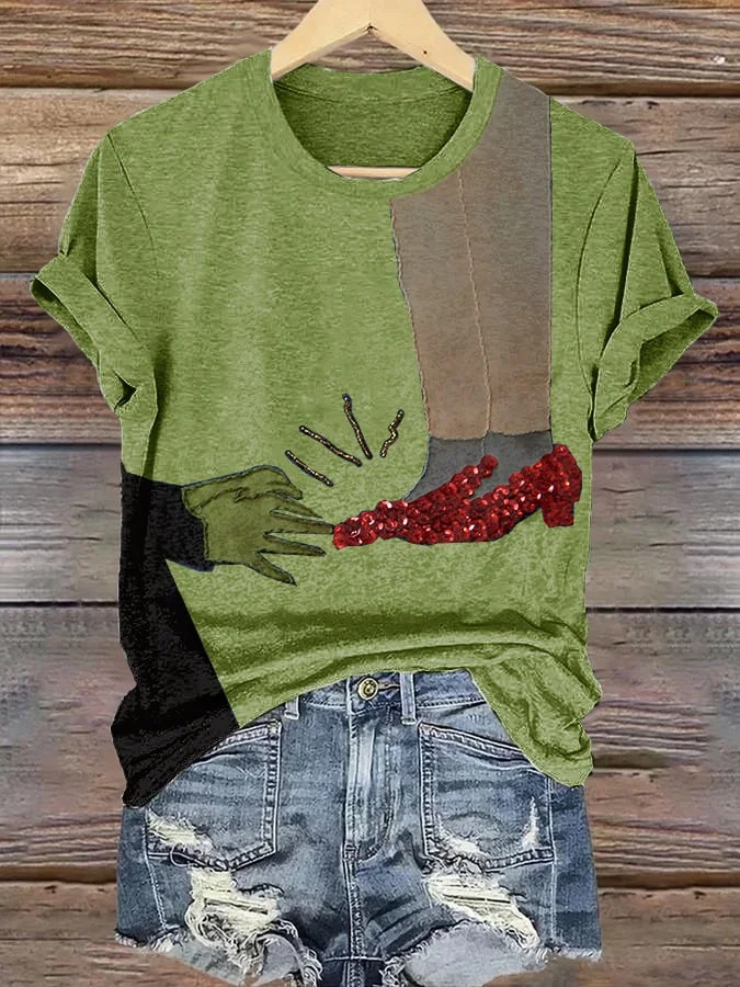 Witch And Ruby ​​Slippers Print Casual V-Neck T-Shirt socialshop