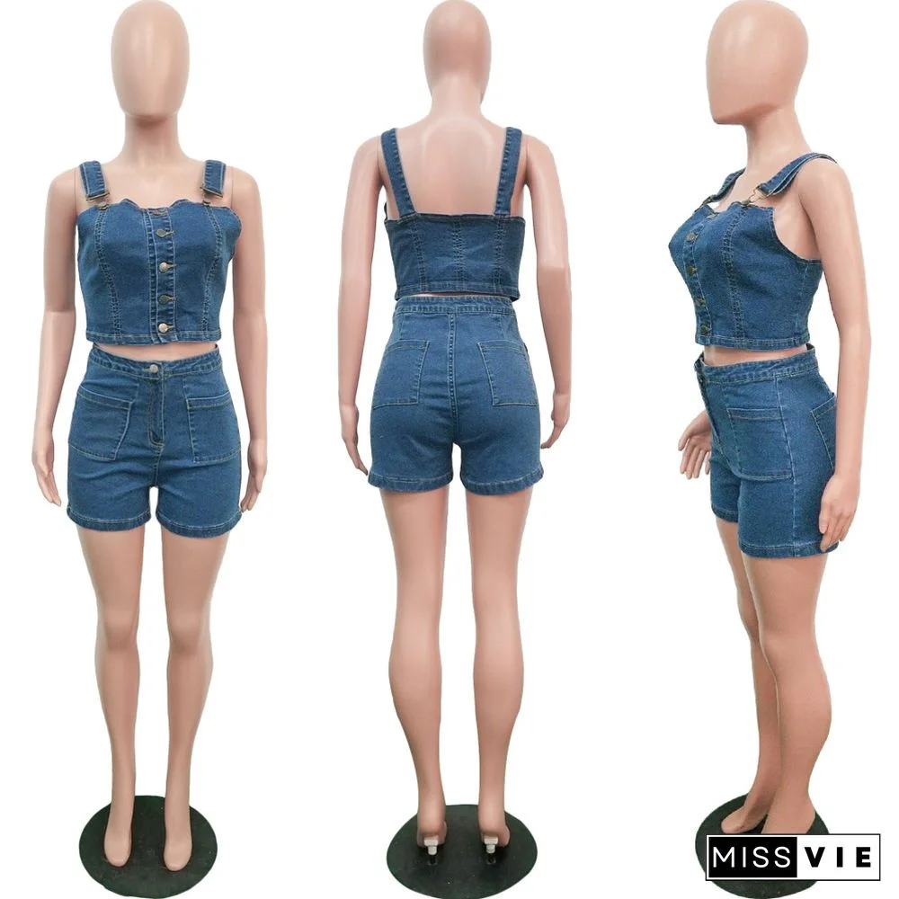 Sleeveless Crop Top and Shorts Denim Matching Set
