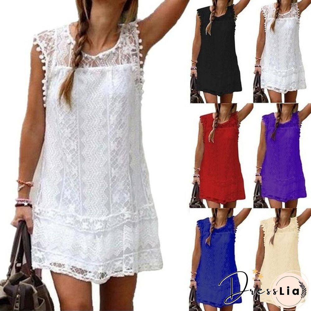 Fashion Summer Dress Sexy Women Casual Sleeveless Beach Short Dress Tassel Solid White Mini Lace Dress Plus Size