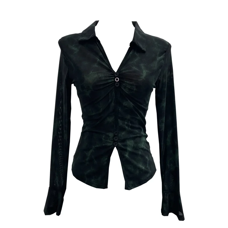 Uveng Real Shooting 2025 Spring And Summer New Tie Dye Mesh Elastic Temperament Clasp Tsets Single-Dear Horn Sleeve Shirt 8042