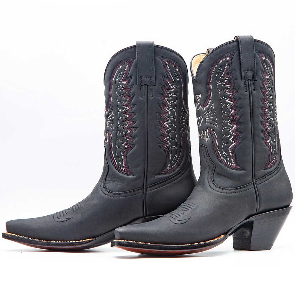 Black Matte Snip Toe Chunky Heel Stitching Mid-Calf Cowgirl Boots Nicepairs