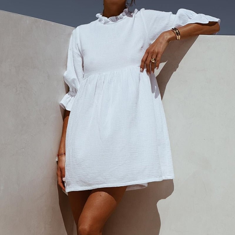 Women Ruffles Elastic Waist Loose Straight White Mini Dresses Half Sleeve Shirt Dress 2020 Summer Fashion Woman Boho Sundress