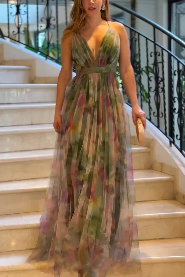 Kerrie Tulle Render Floral Print Cross Back Straps Maxi Dress