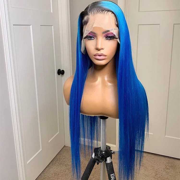 Black Roots Electric Blue Colored Lace Front Wig