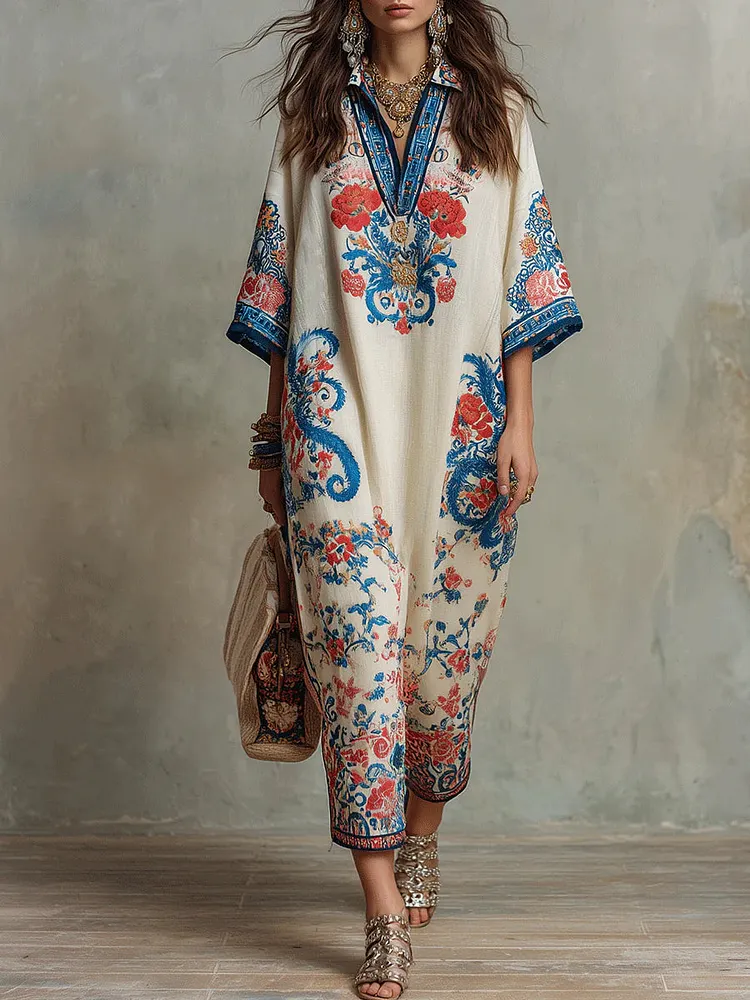 Blue V-neck Ethnic Floral Loose Midi Dress