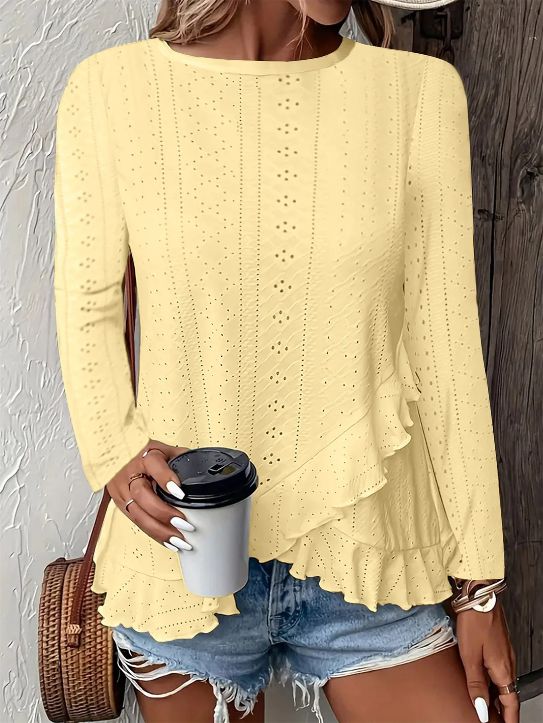 Women Long Sleeve Scoop Neck Solid Color Tops