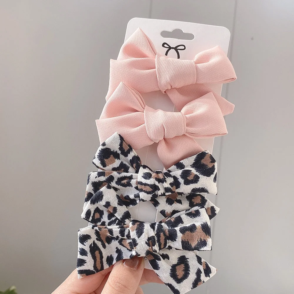4Pcs/set Leopard Print Hairpins Bowknot Hair Clips For Cute Girls Cotton Safty Barrettes Hairgrip Headwear Kids Hair Accessories