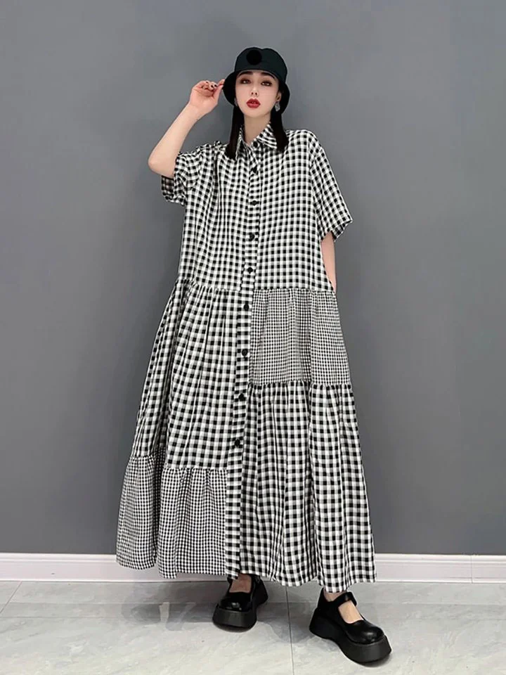 Casual Loose Plaid Asymmetrical Splicing Single Breasted Shirt Dress  