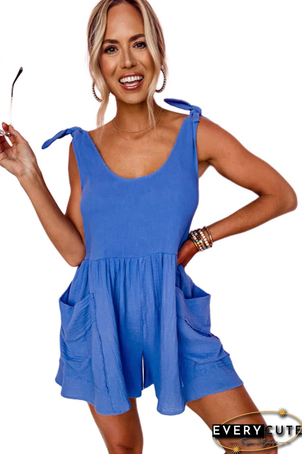 Blue Textured Knotted Straps High Waist Wide Leg Romper