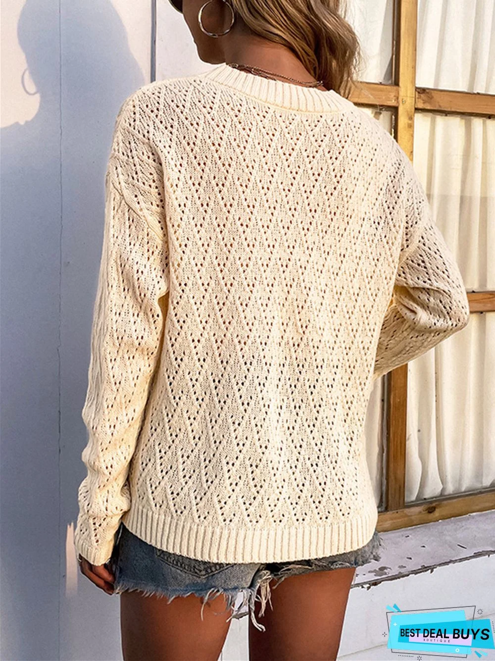 Women's Knit Sweater with Round Neck Cut-Out