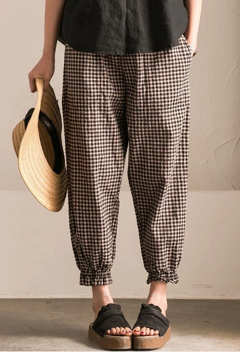 Art Casual Black White Grid  Pants Cotton Women Clothes