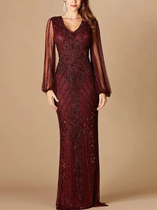 V-Neck Long Sleeve Lace Solid Color Maxi Dress