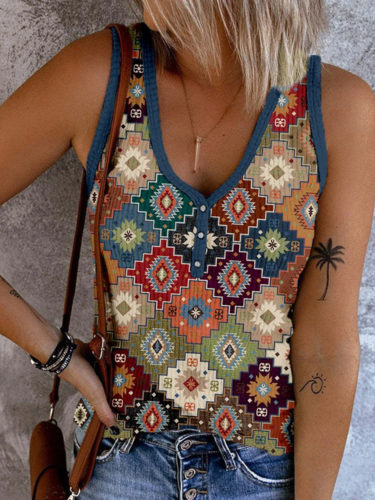 VChics Vintage Ethnic Pattern Print Button Up Comfy Tank Top