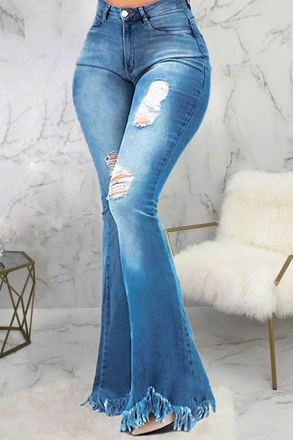 Blue Broken Holes Flared Denim