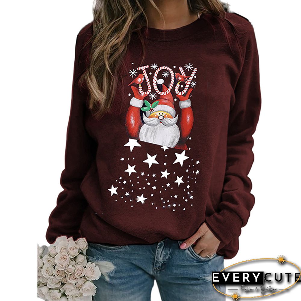Wine Red Cotton Blend Joy Christmas Print Sweatshirt