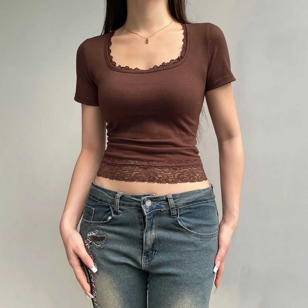 Wongn Wind Lace Splicing Small Design U-Shaped Collar Slim Plain Color Short-Sleeved T-Shirt 2024 New Style