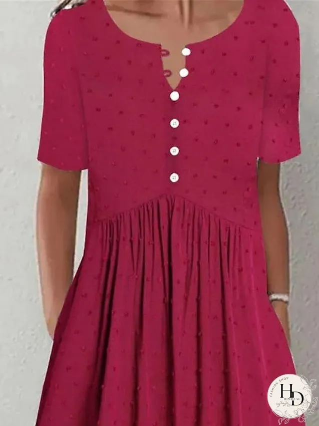 Casual Dress Summer Dress Midi Dress Button Pocket Outdoor Daily Date Fashion Basic Crew Neck Short Sleeve Regular Fit Red Color S M L XL XXL Size for Women
