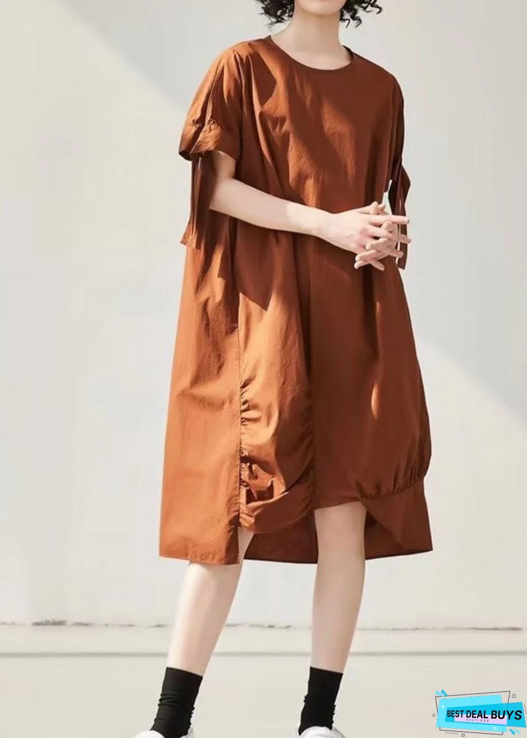 Vintage Caramel Asymmetrical Wrinkled Cotton Holiday Dress Short Sleeve