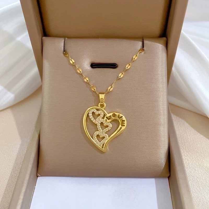 2 Pieces Minimalist Classic Style Geometric Heart Shape Titanium Steel Copper Zircon Pendant Necklace In Bulk