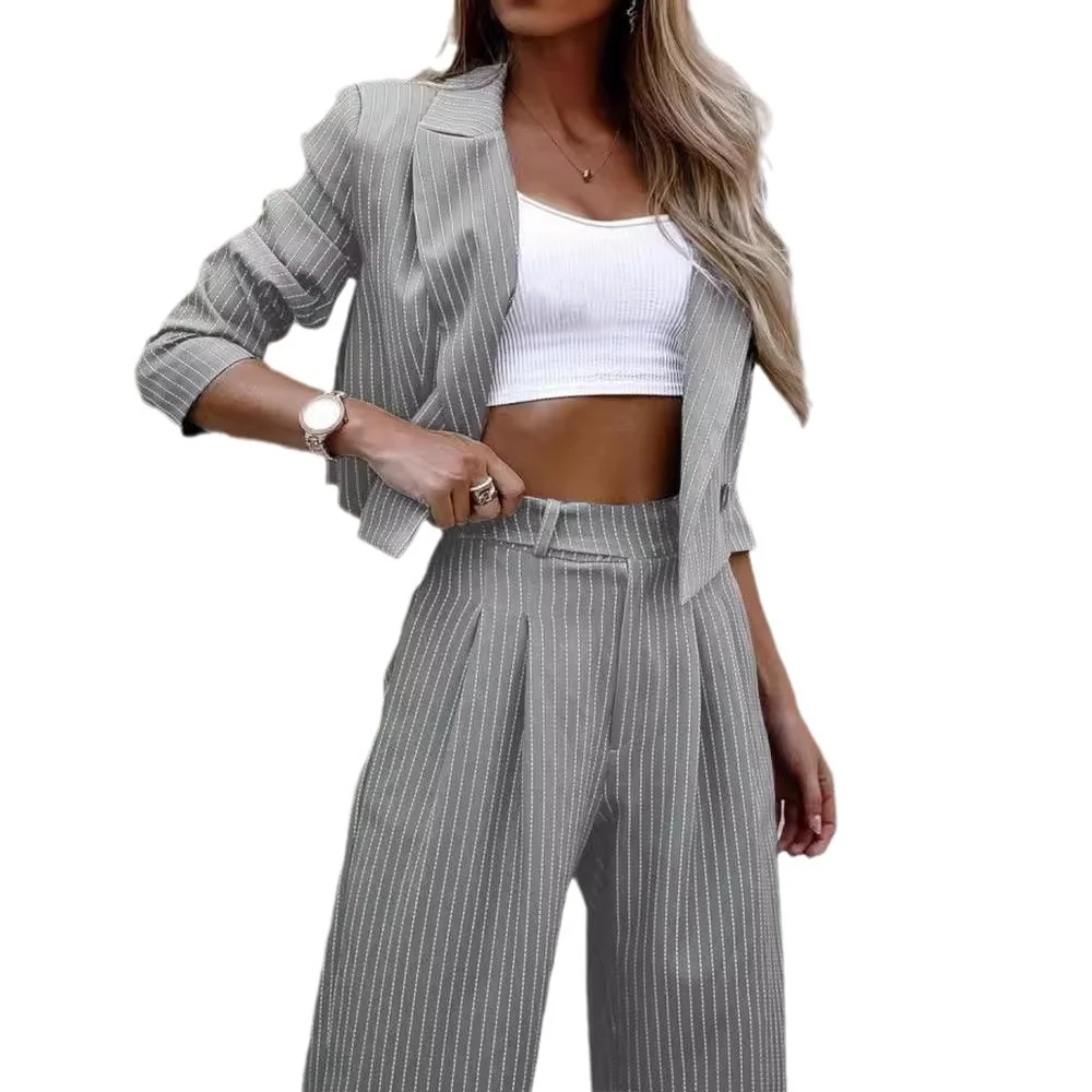 Wongn Wongn Women's Temperament Casual Stripe Short Lapel Suit Straight Pants Suit