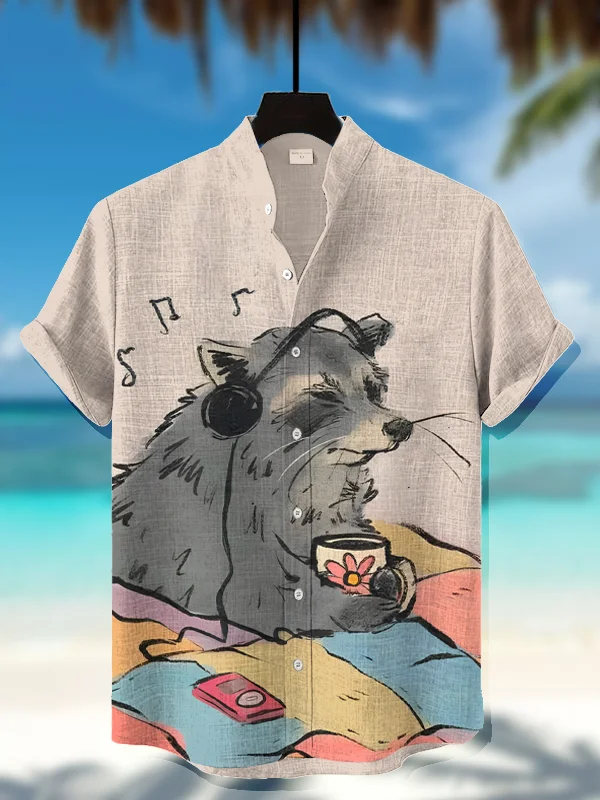 Men's Raccoon Listening To Music On Vacation Art Print Casual Shirt