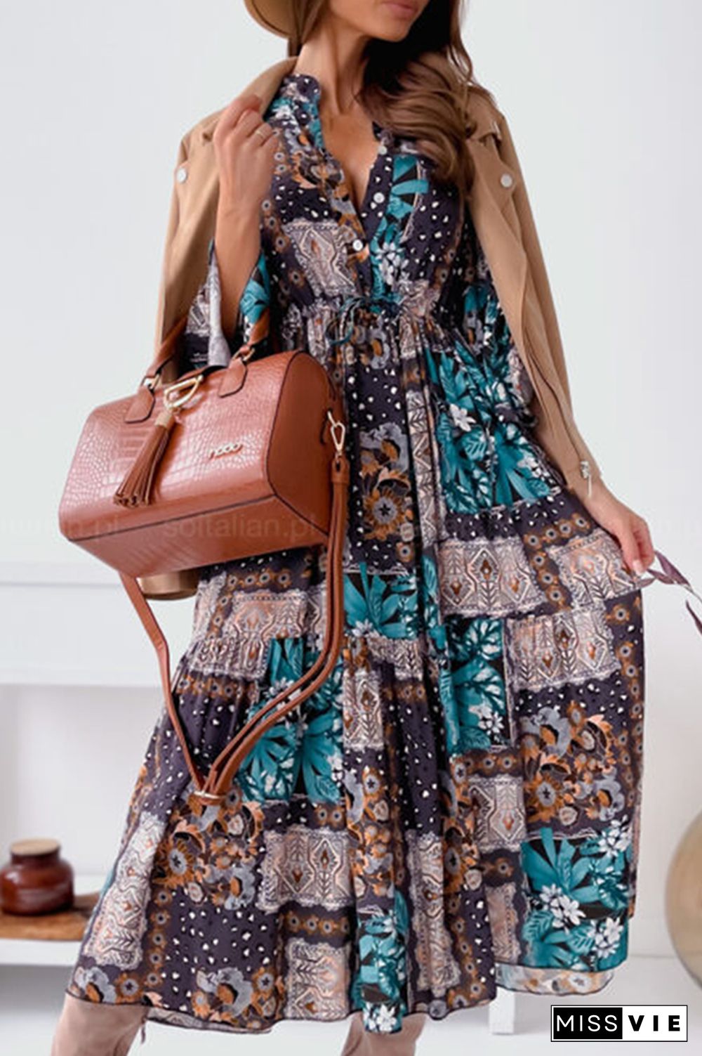 Elegant Print Buckle Flounce Mandarin Collar Dresses