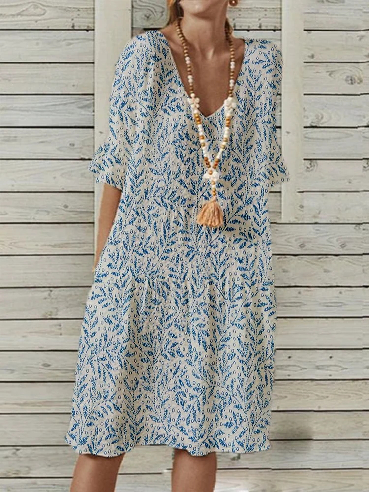 Polyester Cotton V Neck Pastoral Short Sleeve Women Dress