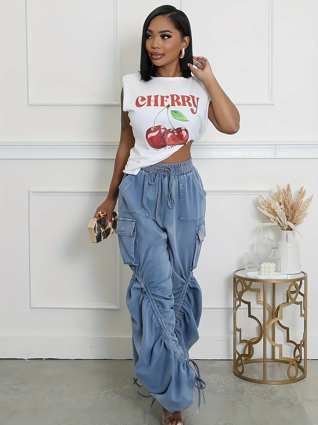 Women's High-Waist Stretch Denim Jeans With Adjustable Drawstring Waist - Mid-Rise, Loose Fit, Button Detail, Casual & Formal Wear, Blue Washed Jean Style, Versatile Fashion, Durable Fabric | IFYHOME